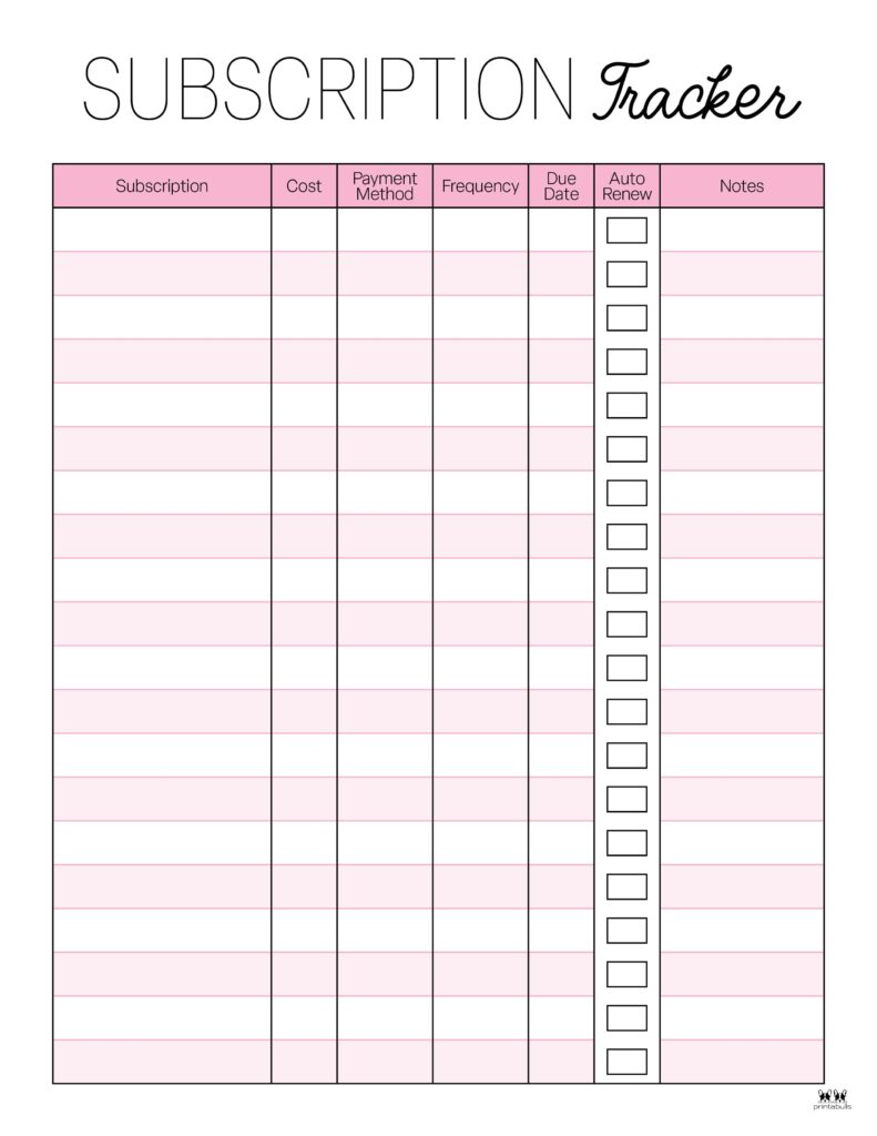 subscription trackers - 12 free printables | printabulls